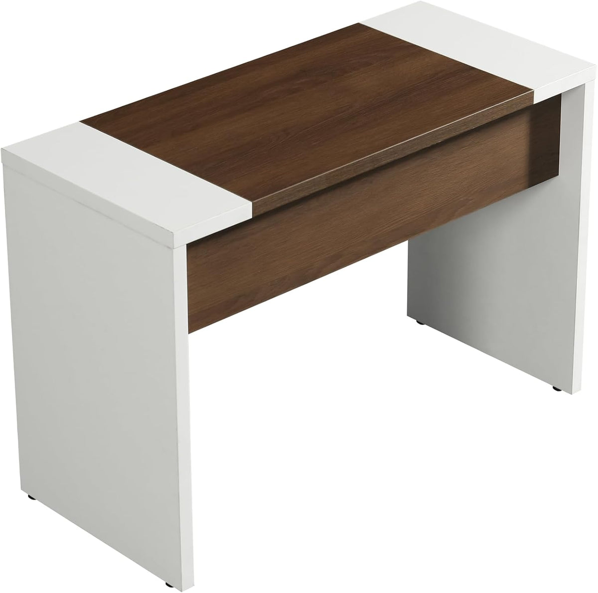 Small rectangular desk or coffee table with walnut top and white side panels and modesty panel beneath.