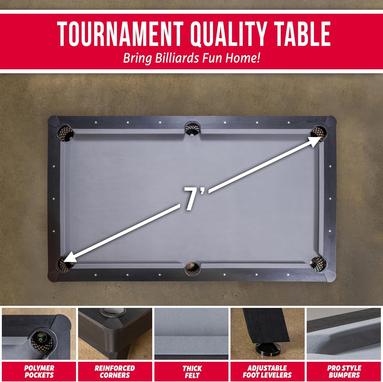 Top-down view of the pool table showing the full playing surface and diagonal measurement arrow