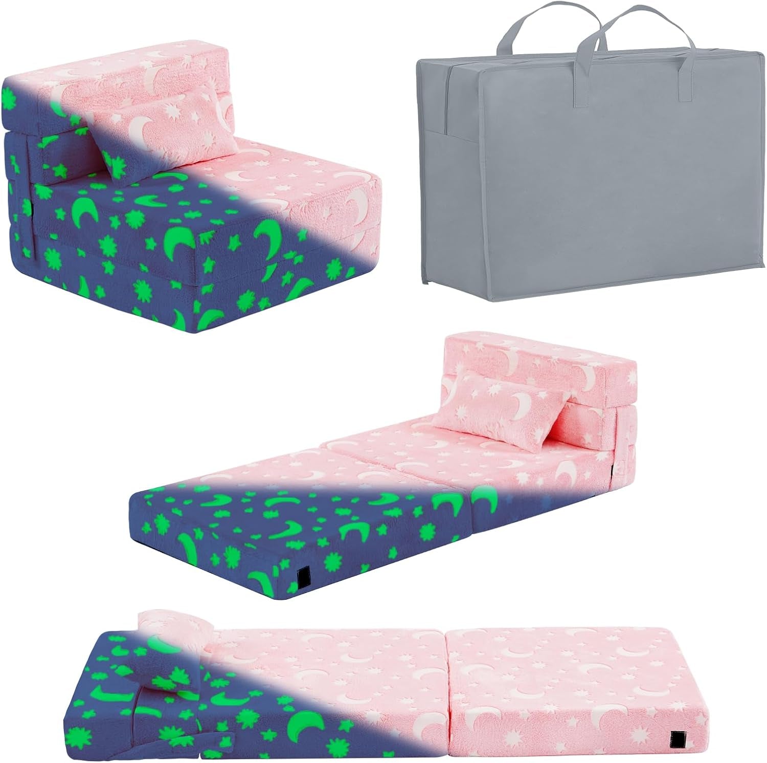Pink plush kids foam sofa and foldout mattress with glow-in-the-dark moon and star pattern, plus gray storage bag