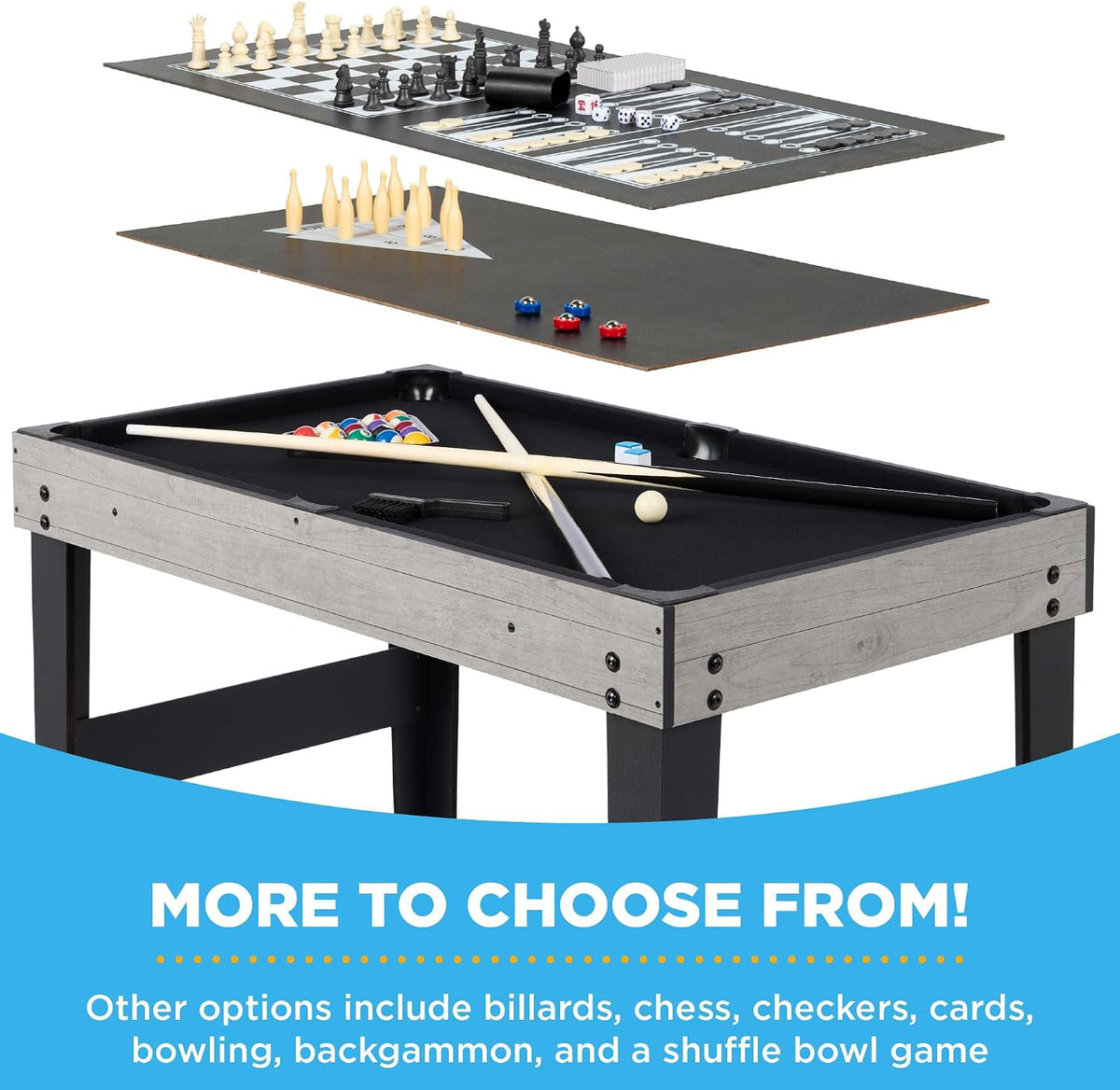 Billiards base with interchangeable boards and bowling pins and game pieces shown above, gray finish