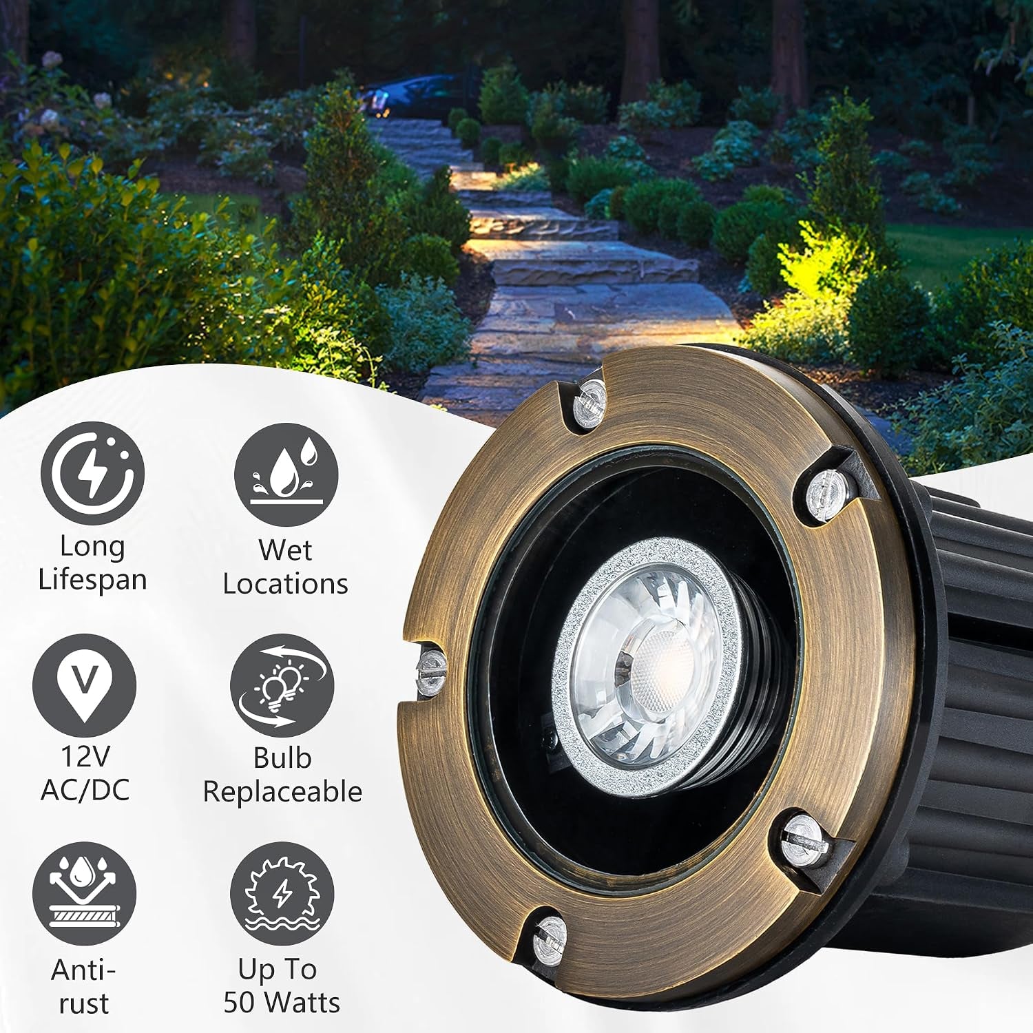 In-ground well light installed in a garden setting illuminating a walkway at night in antique bronze finish