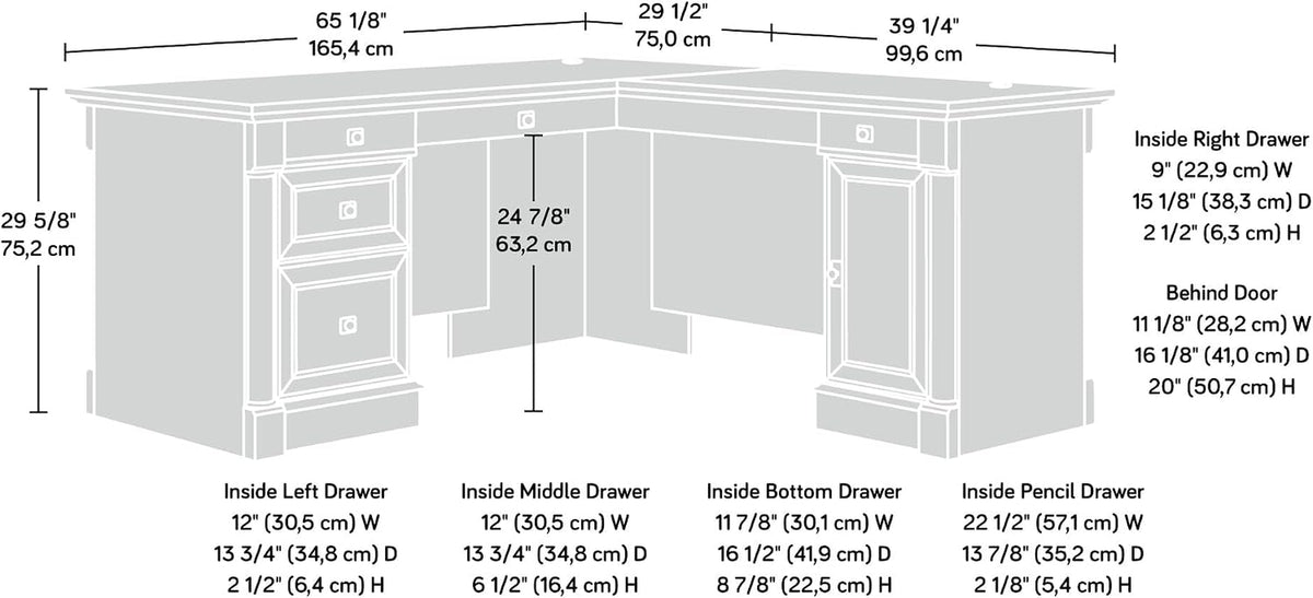 Line-drawing diagram of L-shaped desk with labeled measurements and interior drawer dimensions