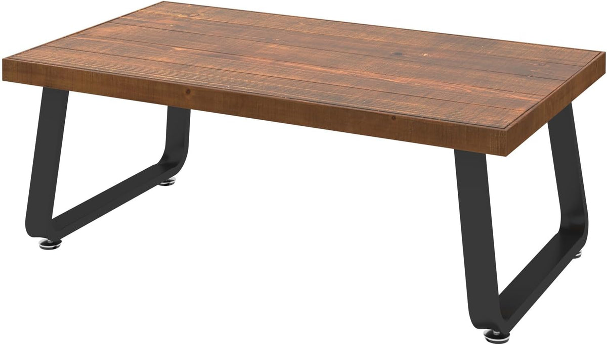 Isolated product image of the rectangular fir tabletop on black U-shaped metal legs against white background.