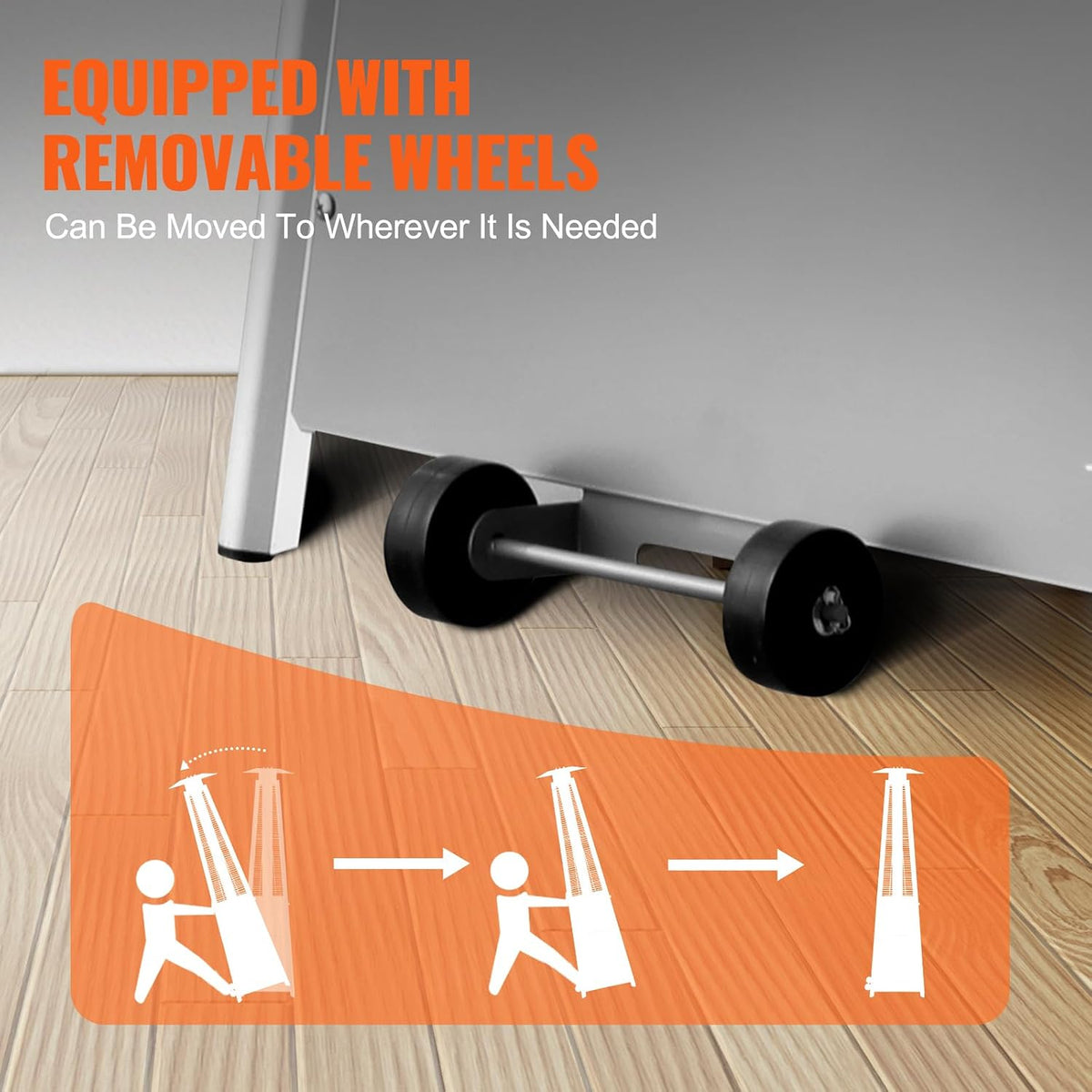 Close-up of the heater's removable wheels and base showing mobility detail on a wood floor