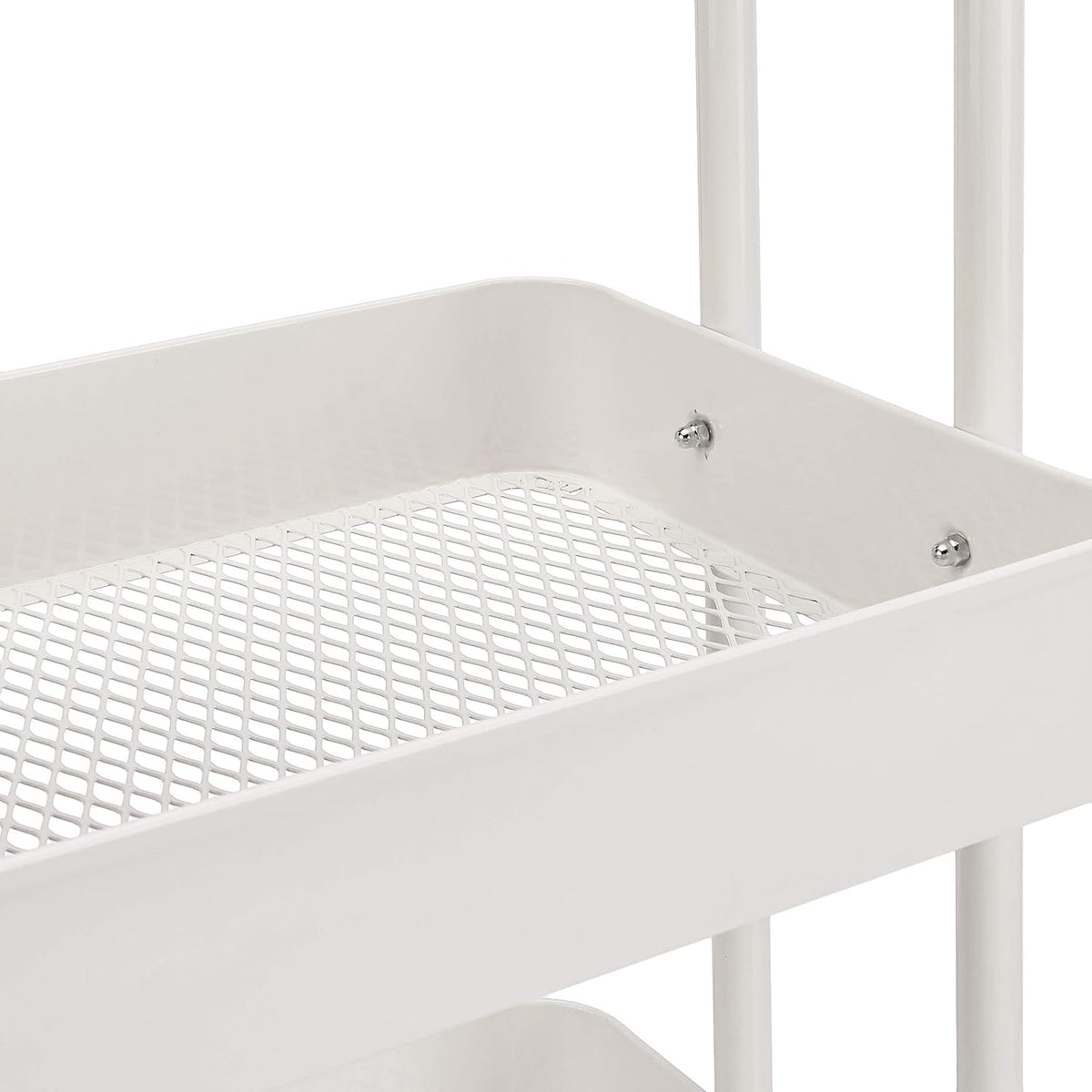 Close-up of a white metal tray showing mesh bottom and two assembly bolts on the inner wall