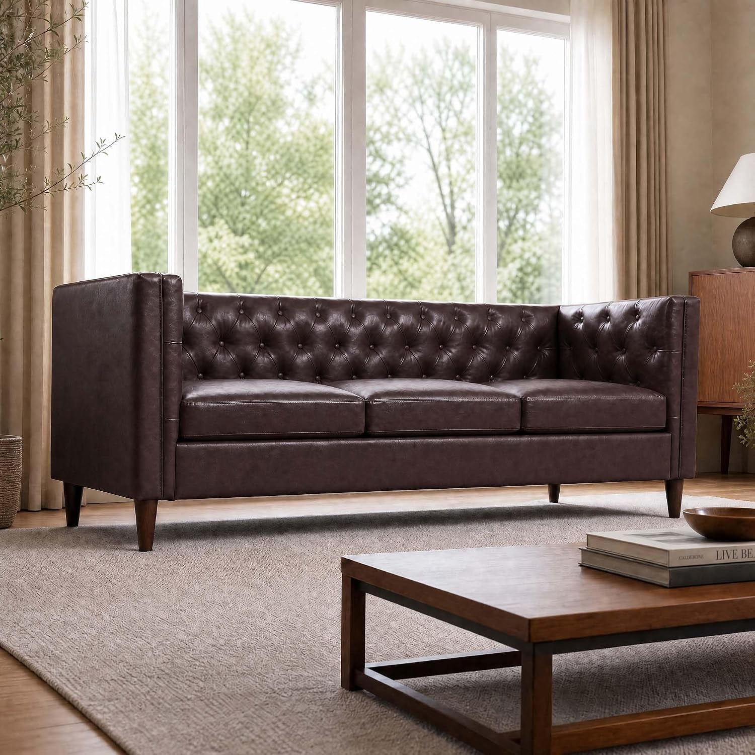 81'' Modern Leather Couch for Living Room, Mid Century Leather Sofa with Deep Seat, Handmade Button Tufted Sofa, Chesterfield 3 Seat Couch for Apartment, Office, Brown