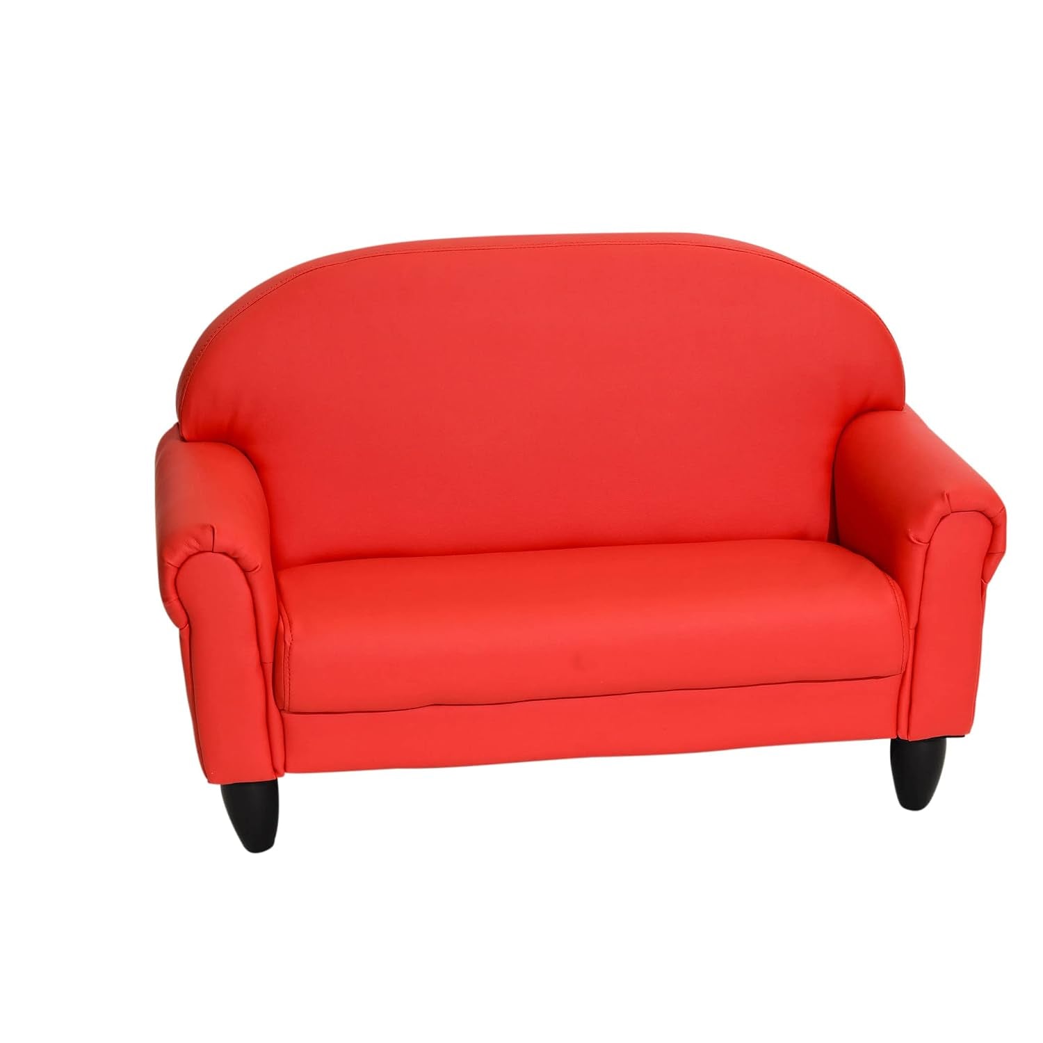 Red two-seat kids sofa shown slightly angled with black tapered legs