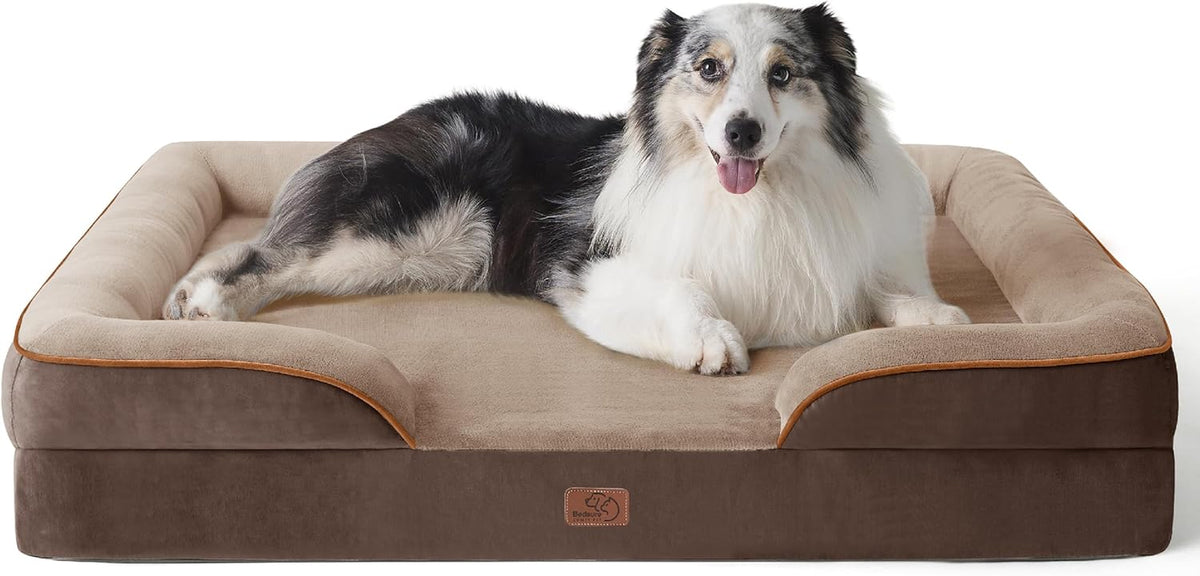 Chocolate-brown bolstered dog bed with tan sleeping surface, a smiling Australian Shepherd reclining inside, close crop.
