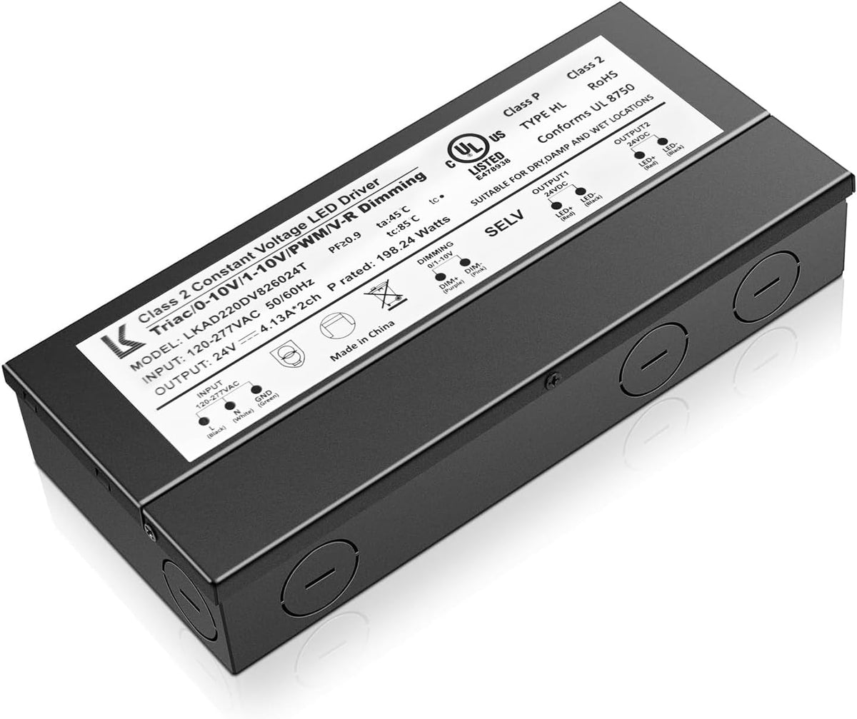 Slim black rectangular LED driver box shown at an angle with a white information label on top