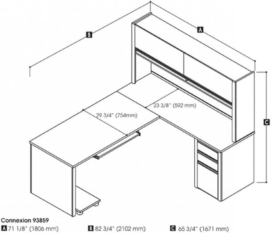 Black-and-white line drawing of the L-shaped desk with labeled dimensions A 71 1/8" B 82 3/4" C 65 3/4"