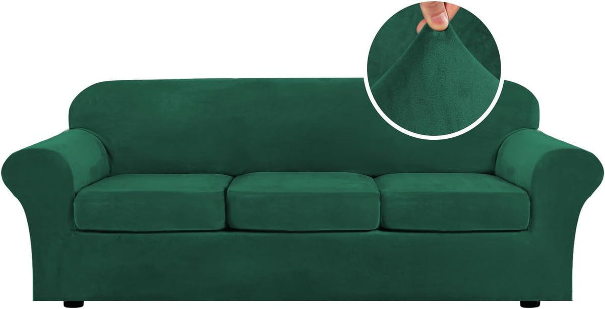 Emerald green three-seat sofa covered in plush stretch slipcover with fabric close-up inset.