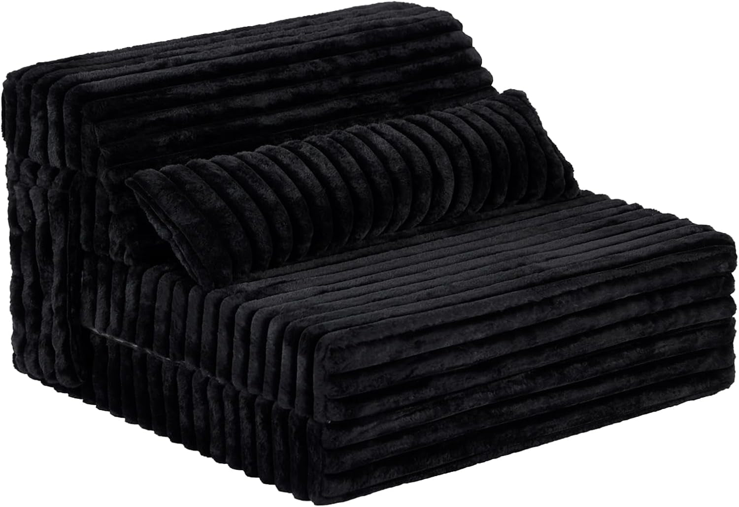 Black ribbed-fold floor sofa shown alone on a white background