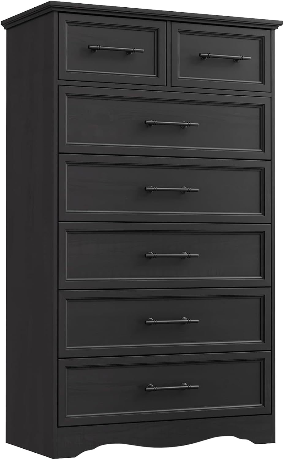 Tall black six-drawer chest with decorative drawer fronts and dark metal handles.