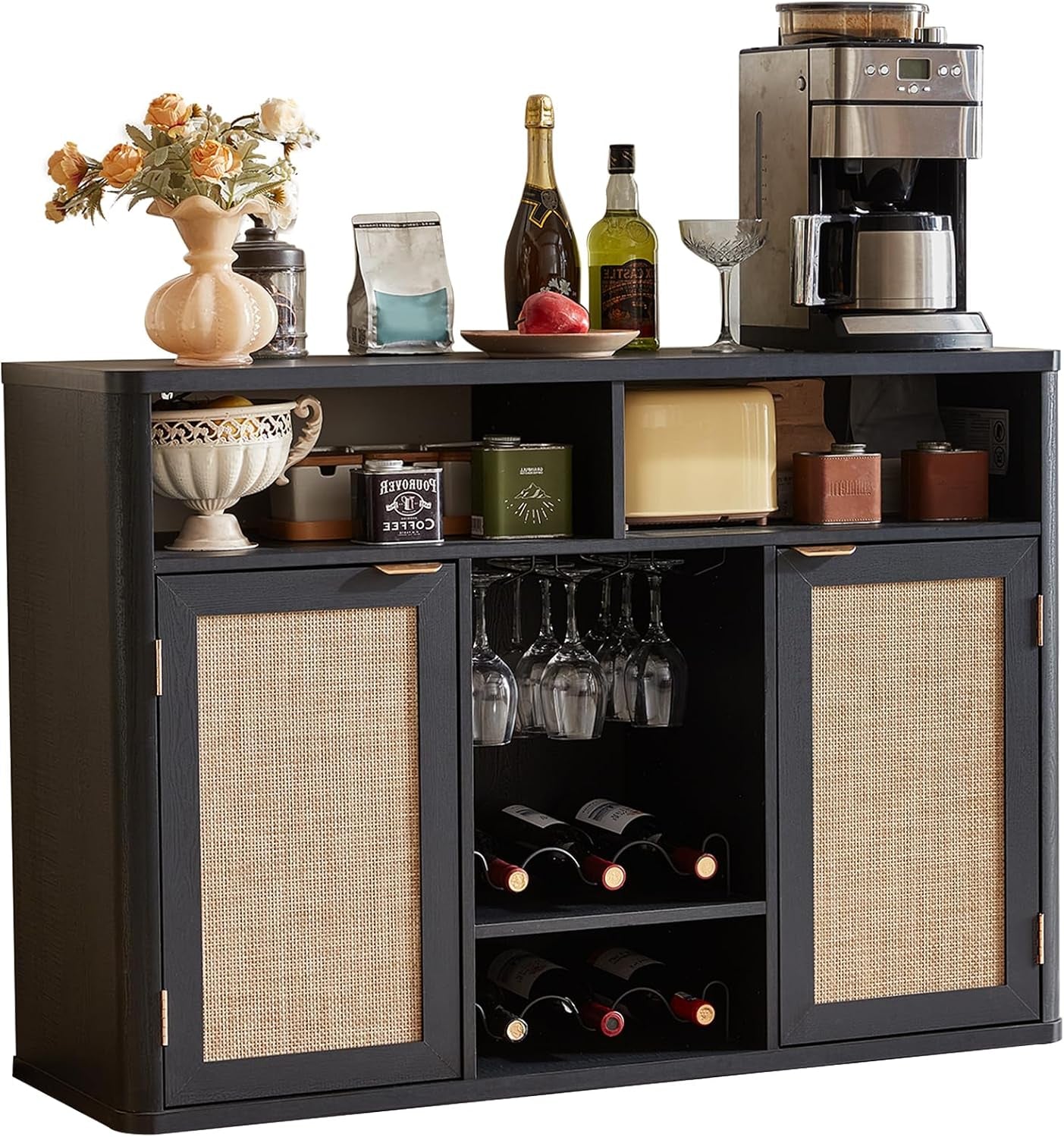 Front view of a dark wood bar cabinet with rattan-panel doors, open cubbies, wine racks and glasses.