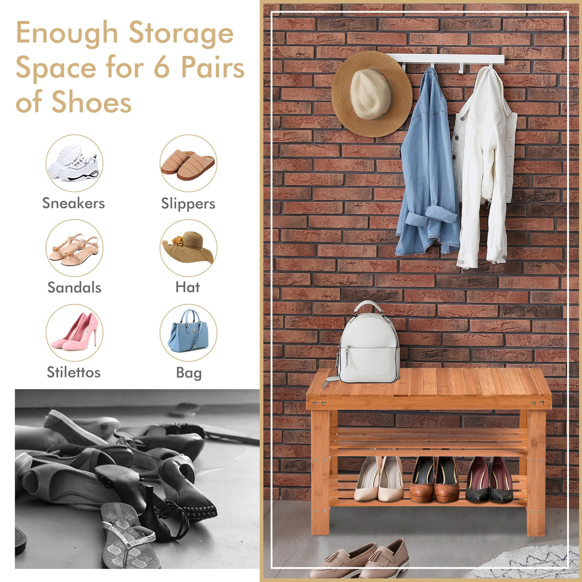 3 Tier Bamboo Bench Storage Shoe Shelf