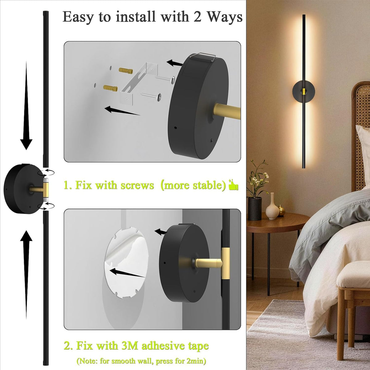 Illustrated installation options showing fix with screws or 3M tape beside a bedroom image of a single vertical sconce