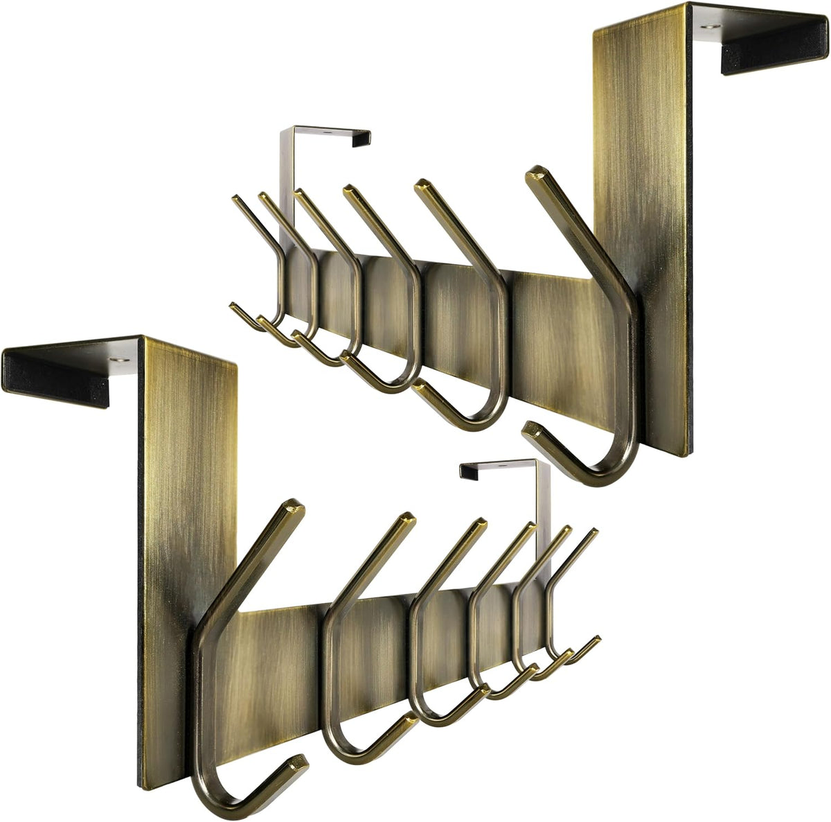 Close-up of a six-hook over-the-door rack in a brushed bronze finish showing hooked ends