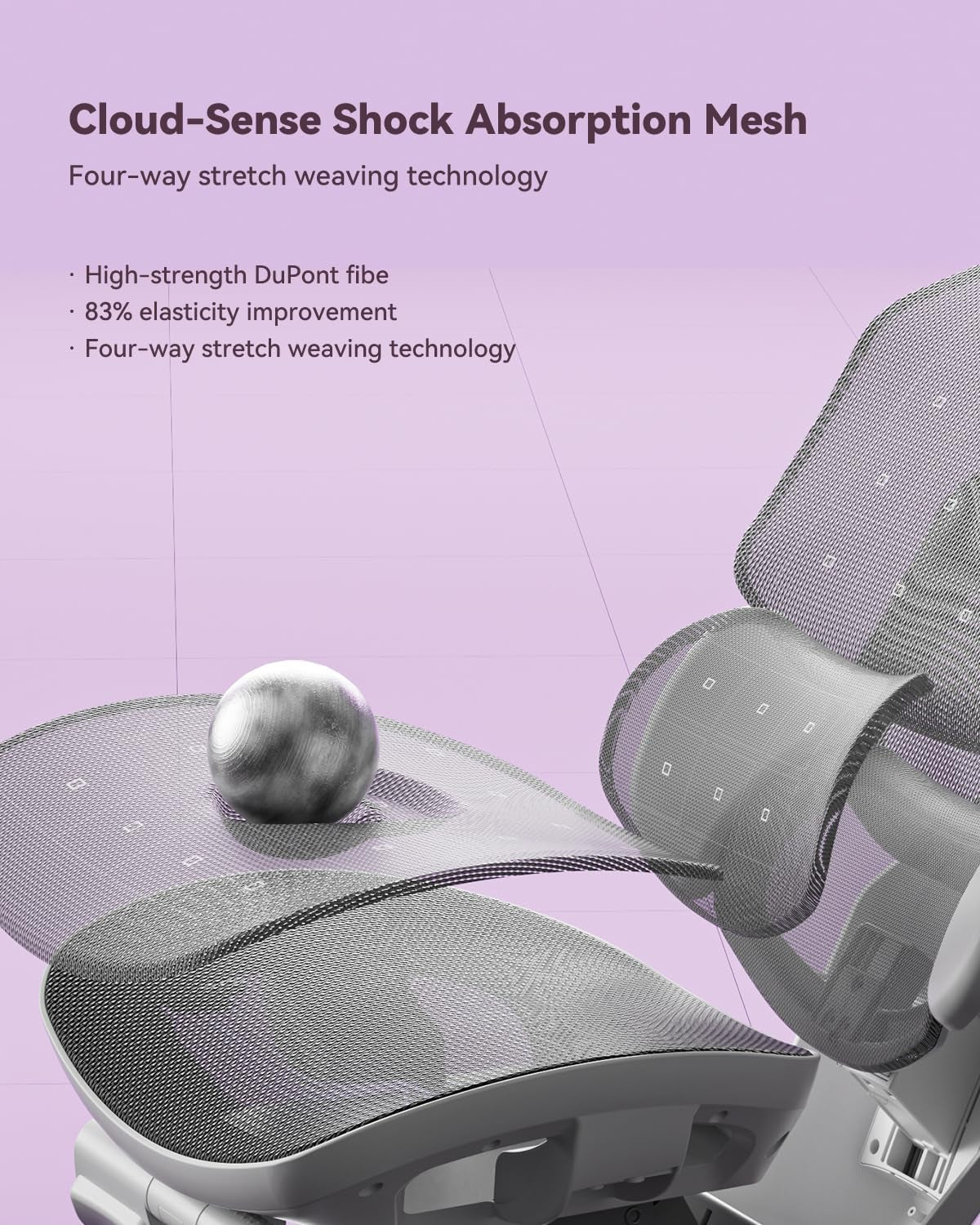 Close-up of the chair’s breathable mesh seat and lumbar cushion with a metal sphere resting on the seat to show stretch