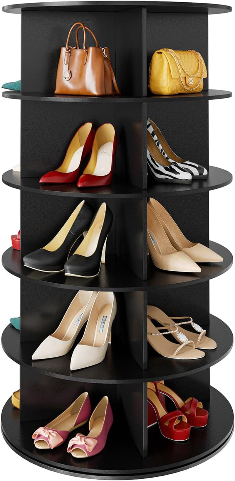 Cropped front view of a black 7-tier rotating shoe tower holding heels and two handbags