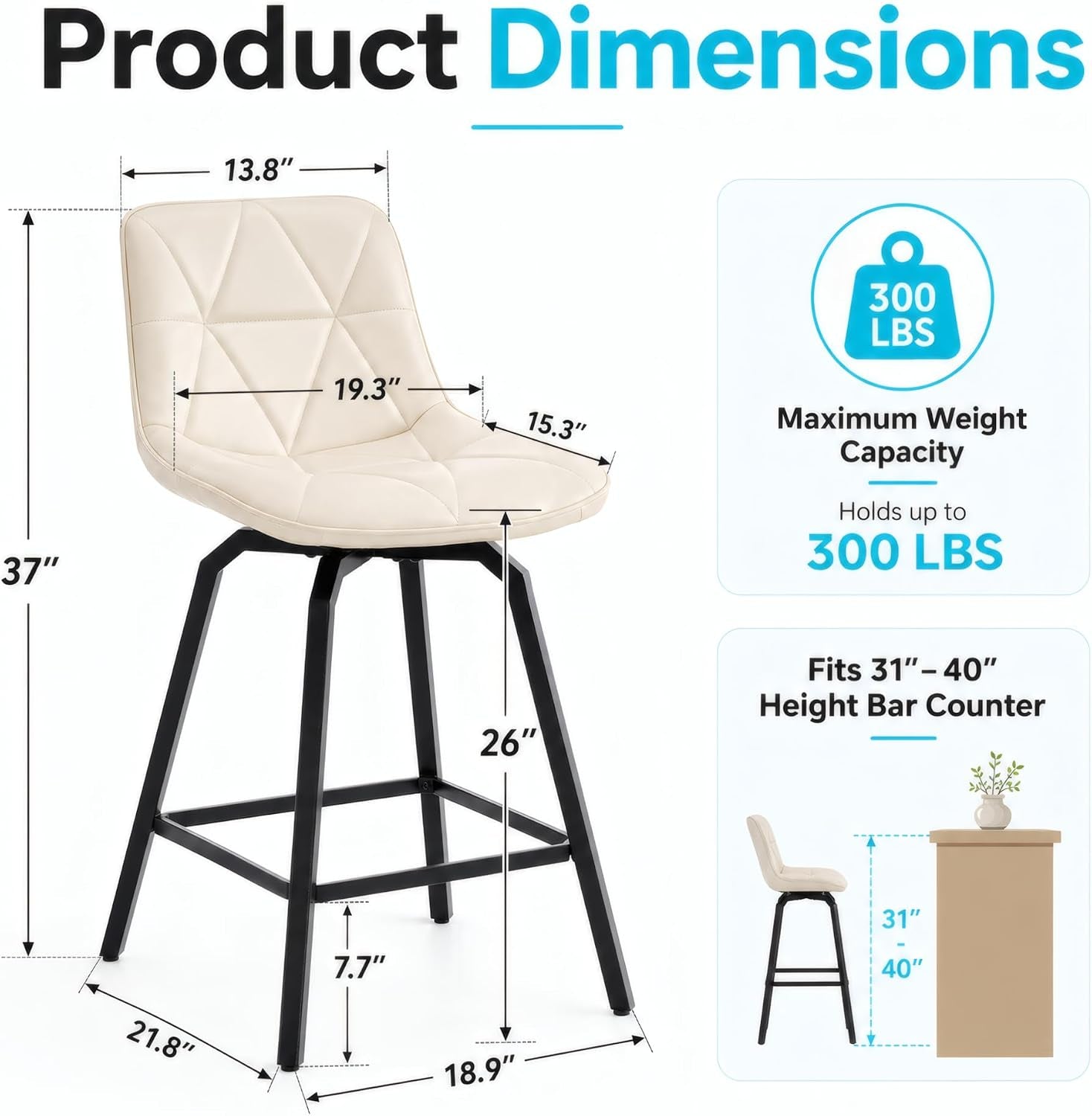 Illustrated single stool with measurement arrows showing seat and overall dimensions against a white background.
