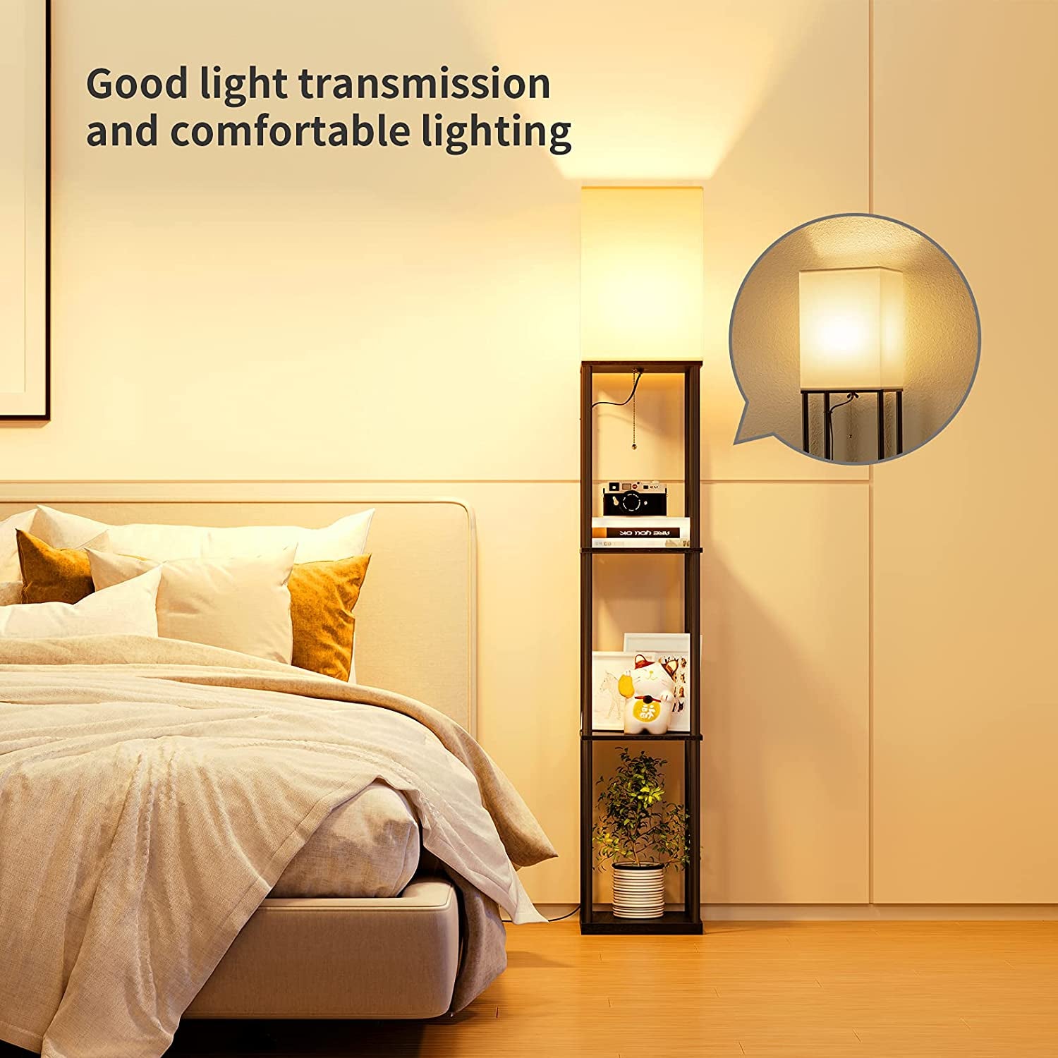 Black slim shelf lamp beside bed in bedroom setting showing warm ambient lighting and pull-switch.