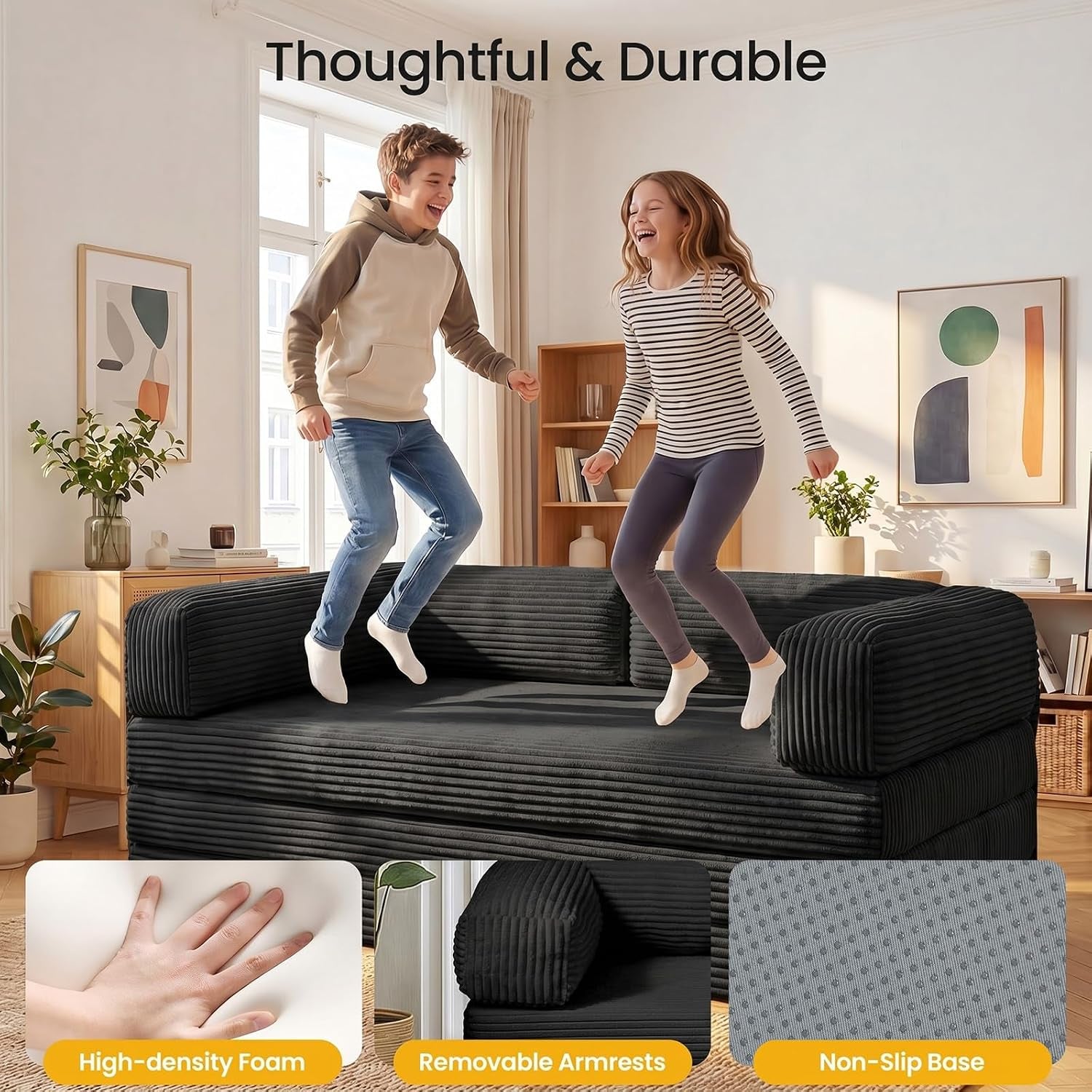 Children jumping on a black corduroy futon highlighting high-density foam, removable armrests, and non-slip base