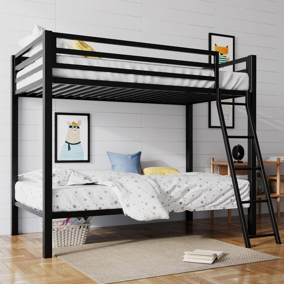 Three-quarter view of a black metal twin-over-twin bunk bed in a styled bedroom with ladder at right.