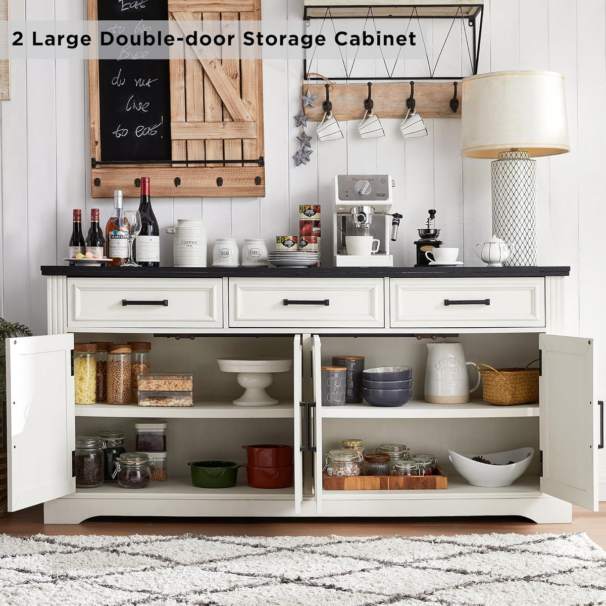 Front view with both double-door cabinets open showing adjustable shelves stocked with pantry items and dishes