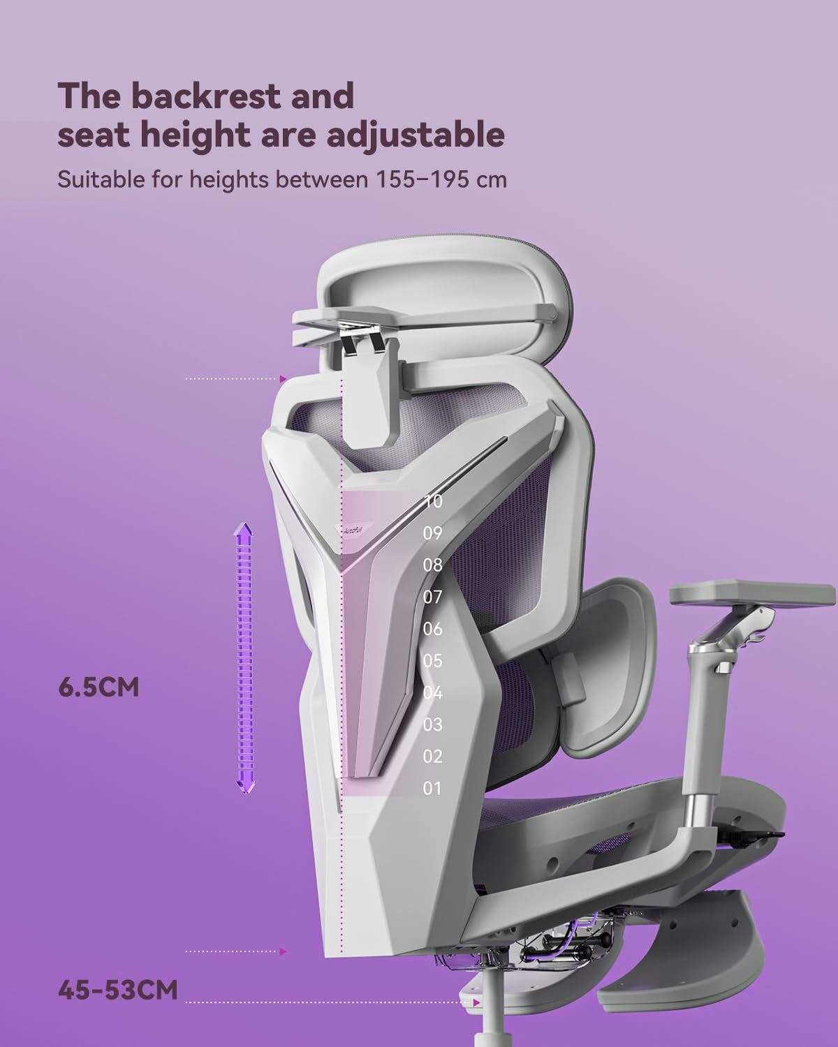 Rear-side view showing adjustable headrest height markings and back adjustment range against a purple background