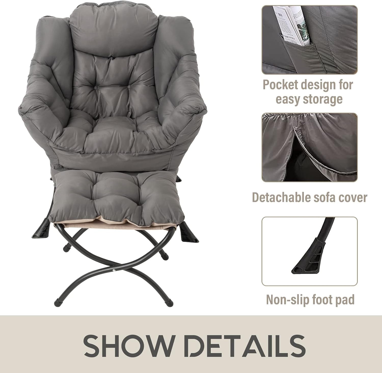 Front view of the padded chair and ottoman with three inset close-ups showing side pocket, removable cover and foot pad.