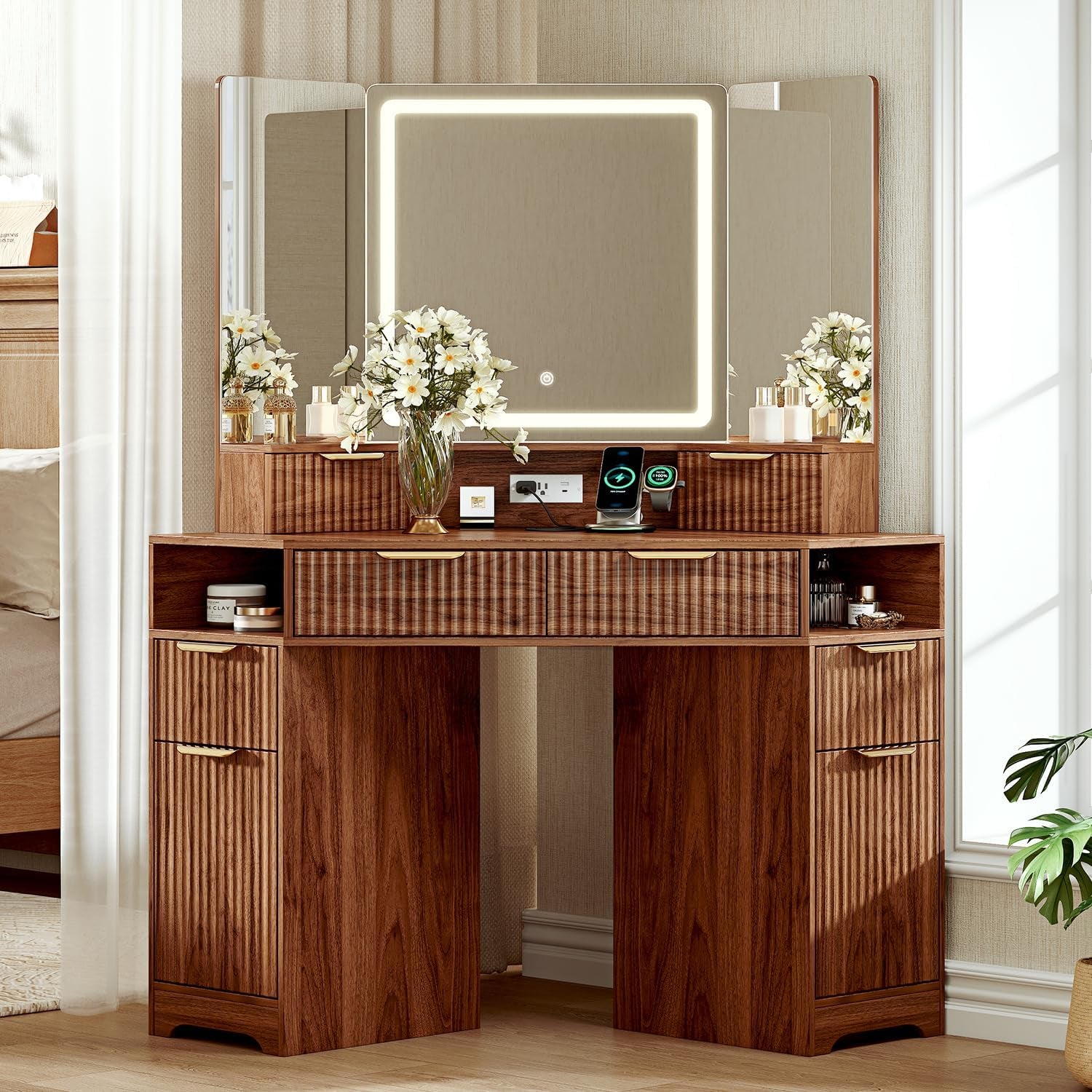 Walnut finish corner vanity front view with tri-fold LED mirror and six drawers visible