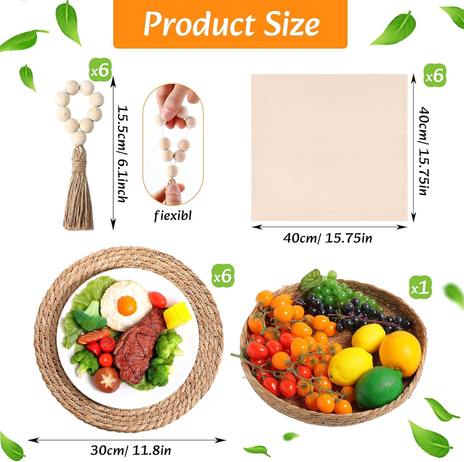 Graphic layout showing round woven placemat with bowl of fruit and measurements alongside napkin and bead ring