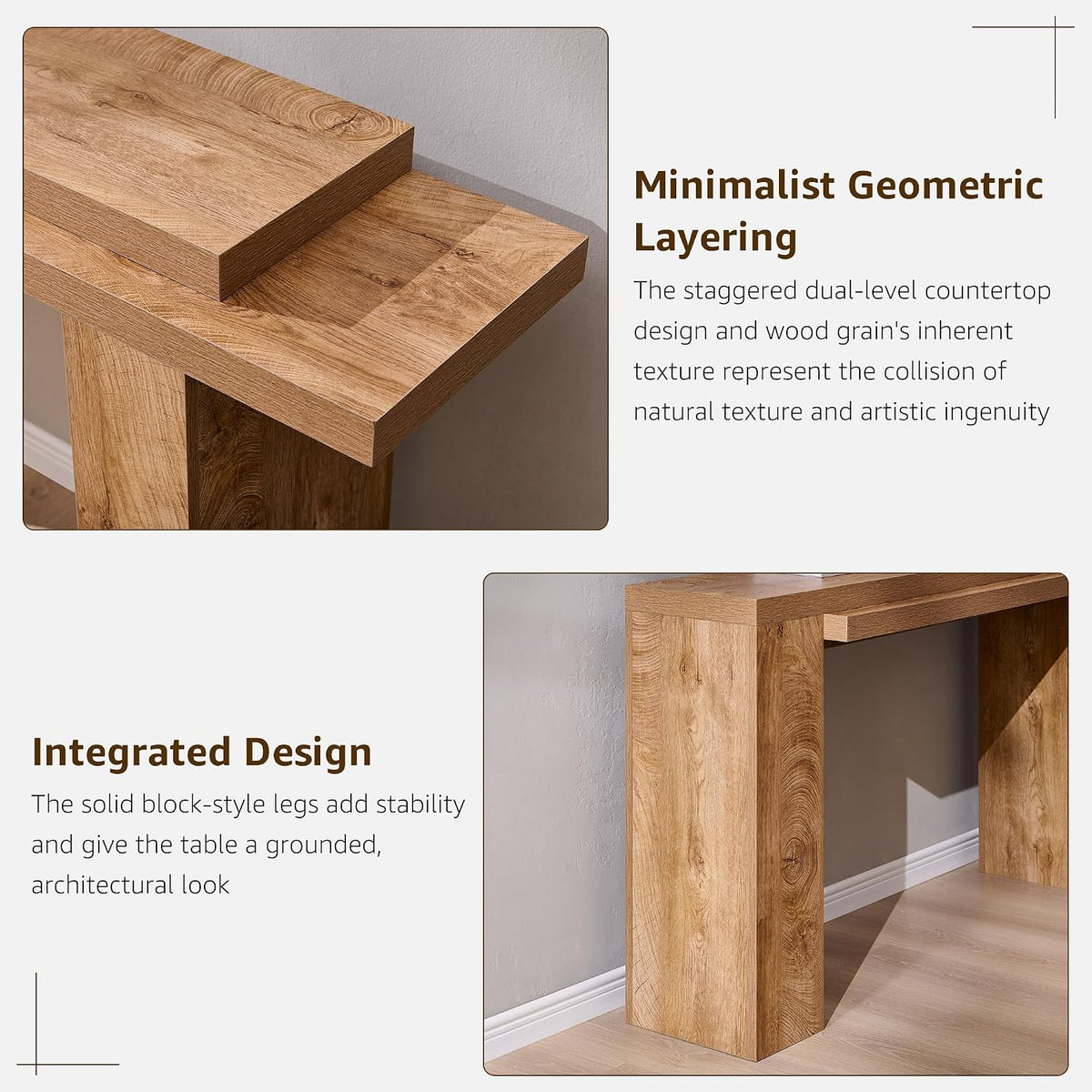 Close-up of the staggered dual-level tabletop and solid block-style leg in a light wood finish