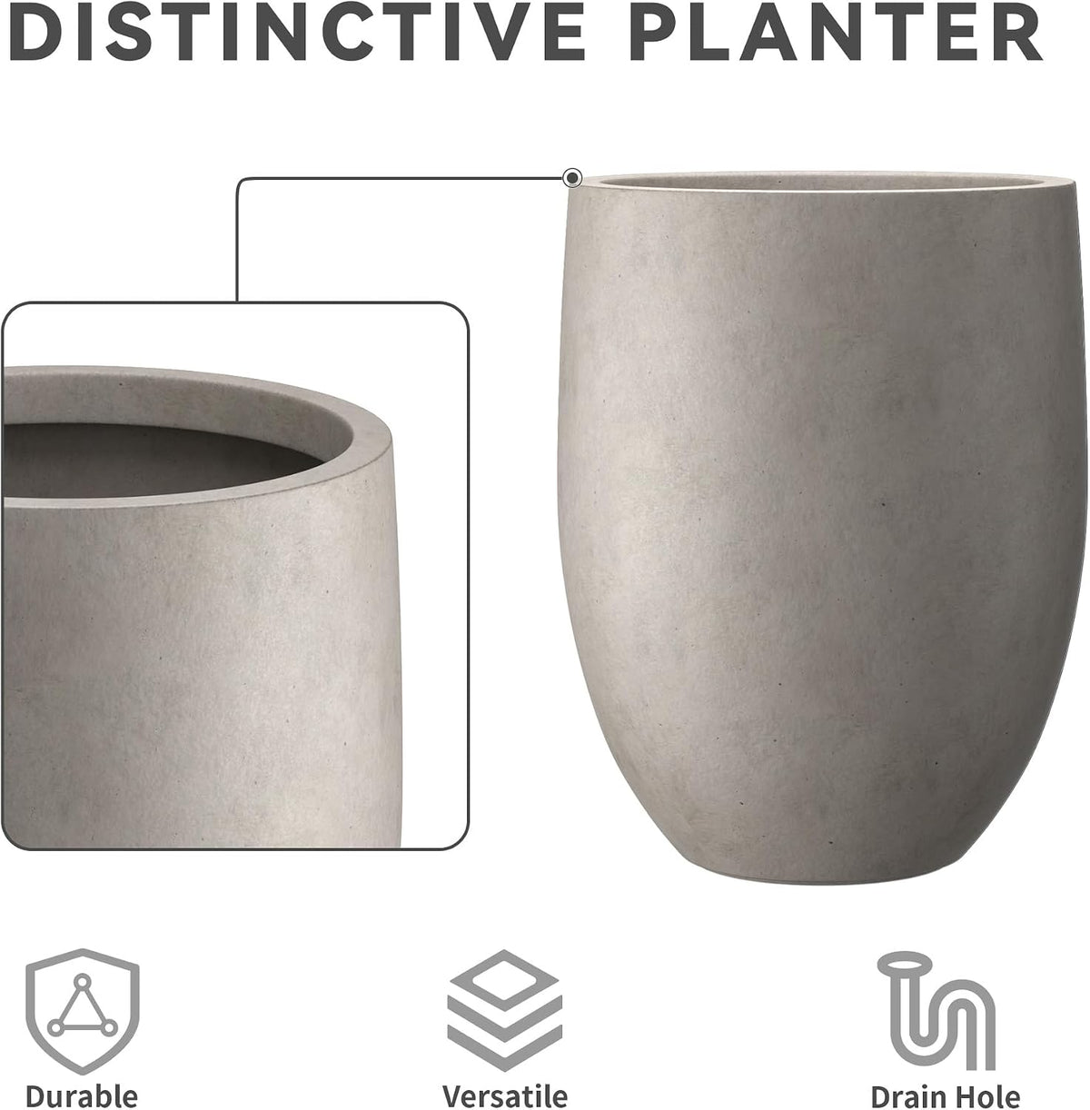 Studio image and close-up inset highlighting the planter's rounded rim and smooth concrete texture.