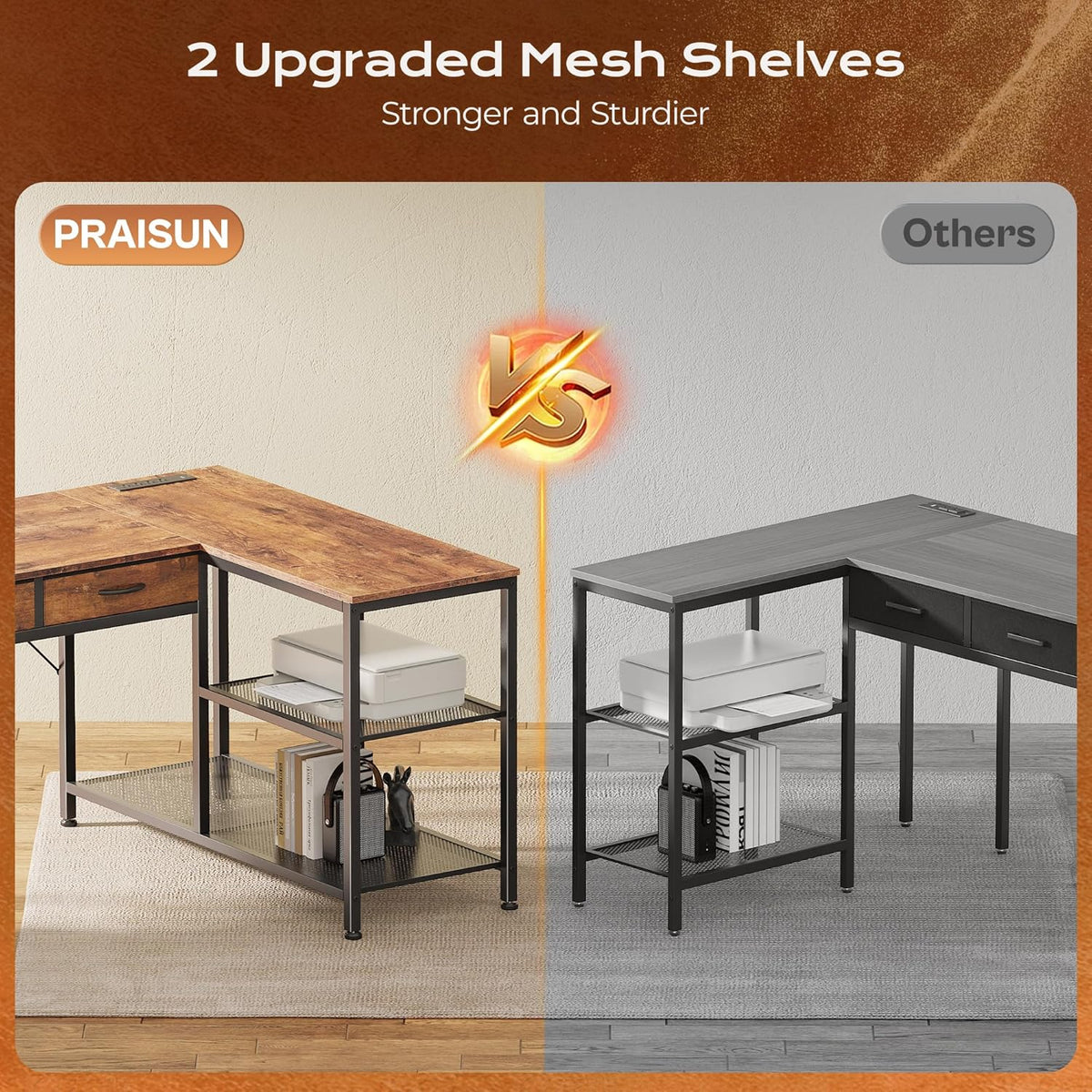 Split comparison focusing on the desk's two metal mesh shelves, colored left side versus grayscale right side.