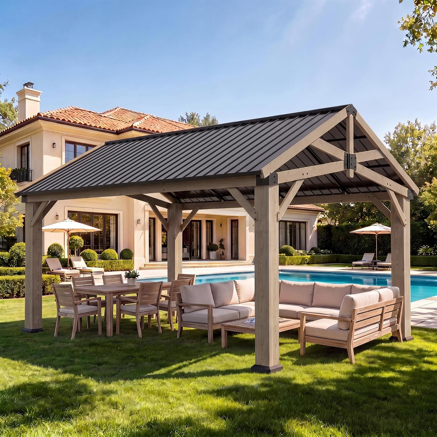 Corner view focused on the gazebo posts with cushioned sofa and pool in the background