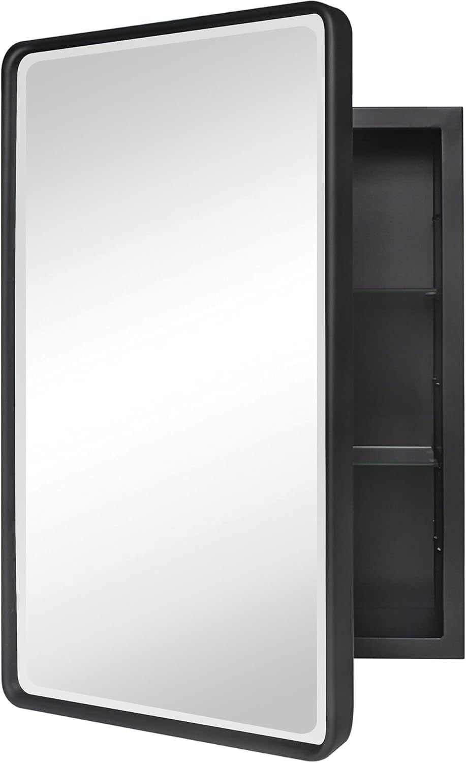 Matt black recessed medicine cabinet with beveled mirror angled front view showing open door and interior shelves