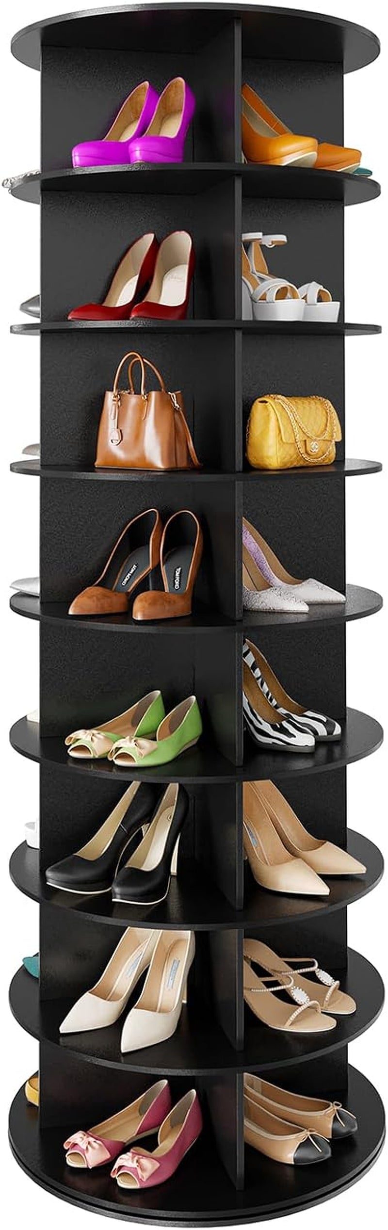 Tall black 7-tier rotating shoe tower shown straight-on with shoes and small bags on each shelf.