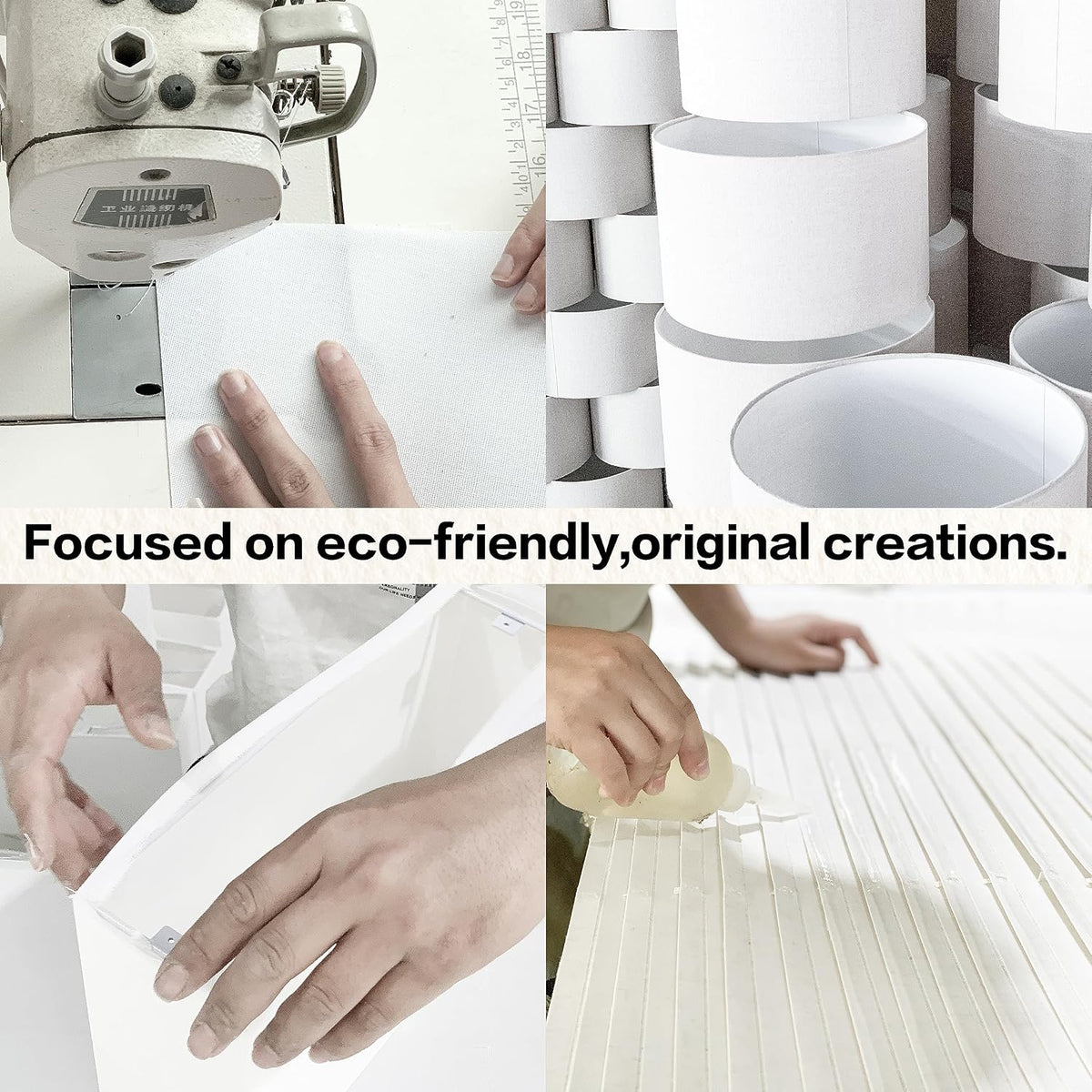 Collage showing hands sewing and assembling white lampshade covers alongside stacked shades and an eco-focused overlay.