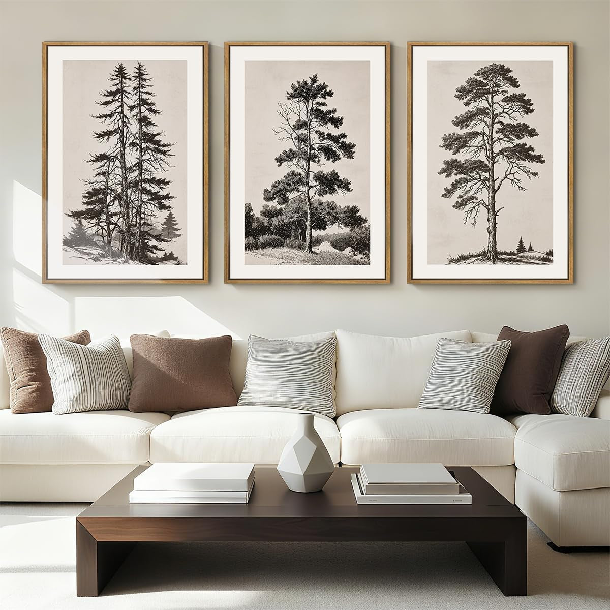 Triptych of three tall framed tree sketches displayed above a white sofa with throw pillows and a low dark wood coffee table.
