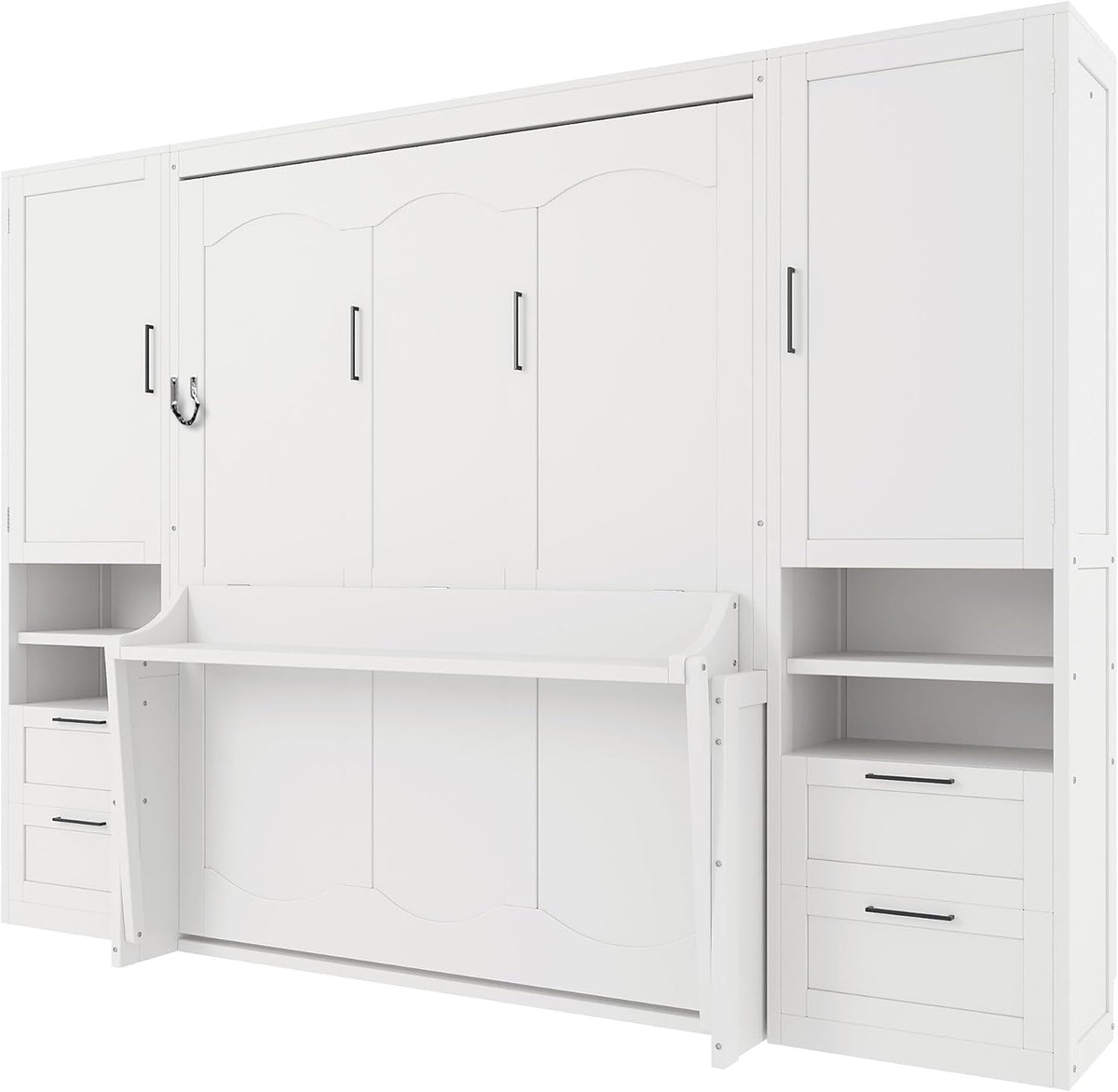 Angled perspective of the white wall bed showing side cabinets and the hinged desk folded out