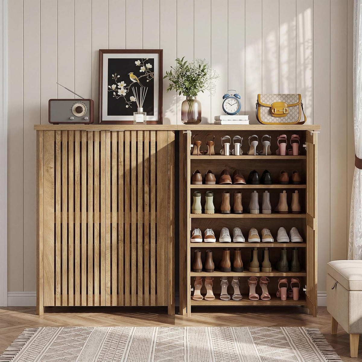 Side-by-side view of one closed and one open cabinet revealing organized rows of shoes on six shelves