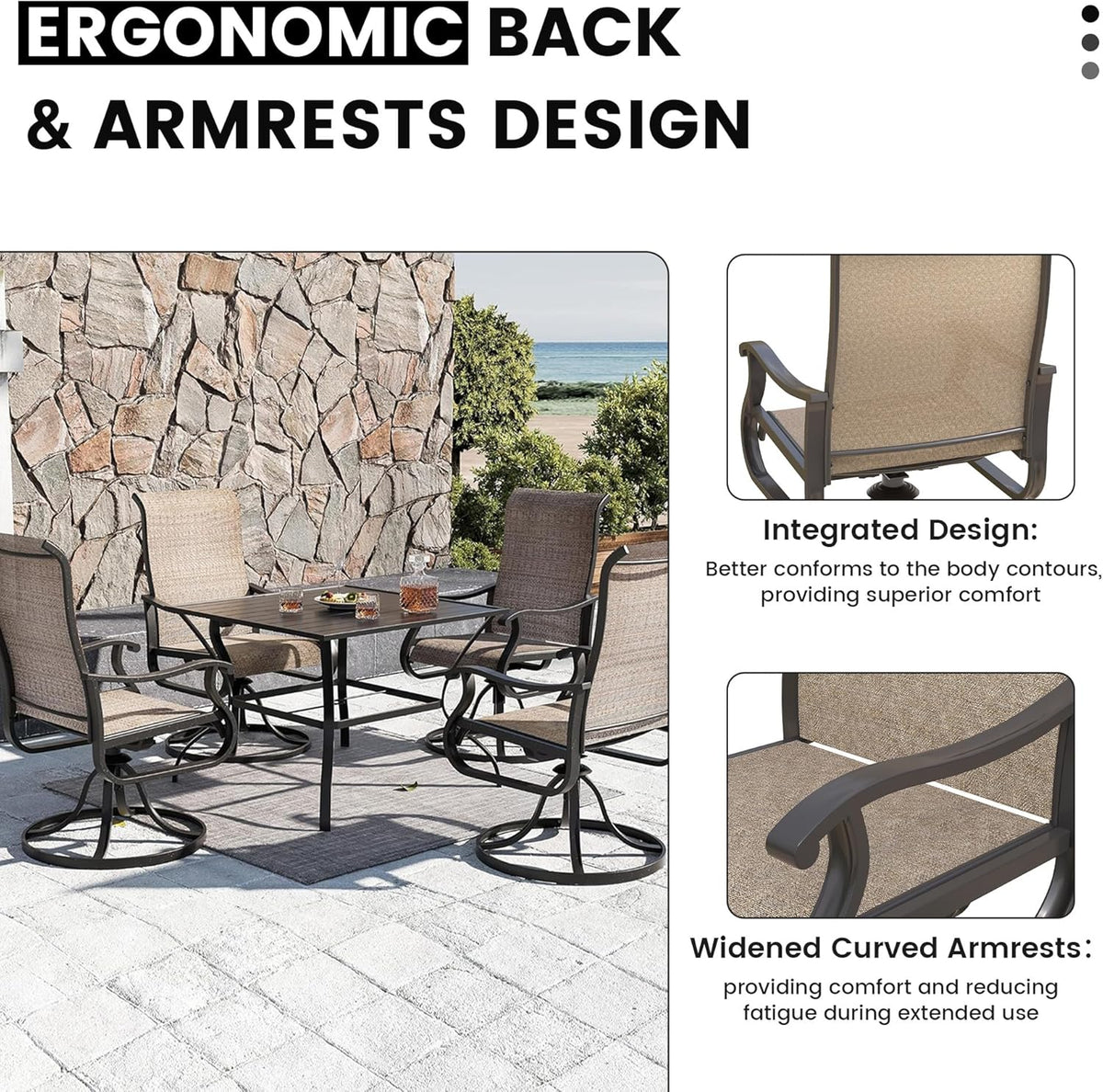 Patio dining setup with four chairs and inset close-ups highlighting ergonomic back and widened curved armrests