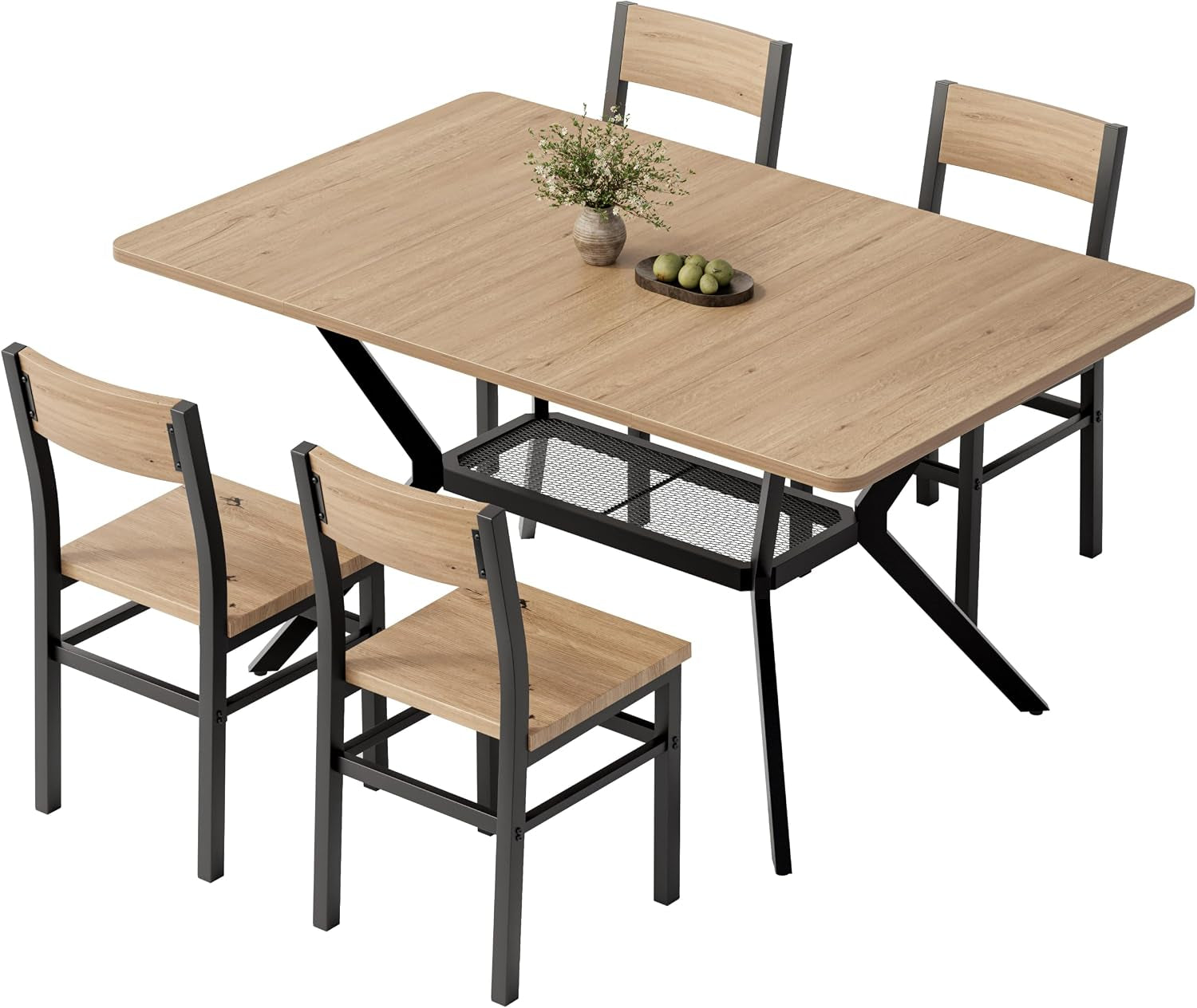 Angled top view of the dining table with four matching chairs in a natural wood finish highlighting the mesh shelf