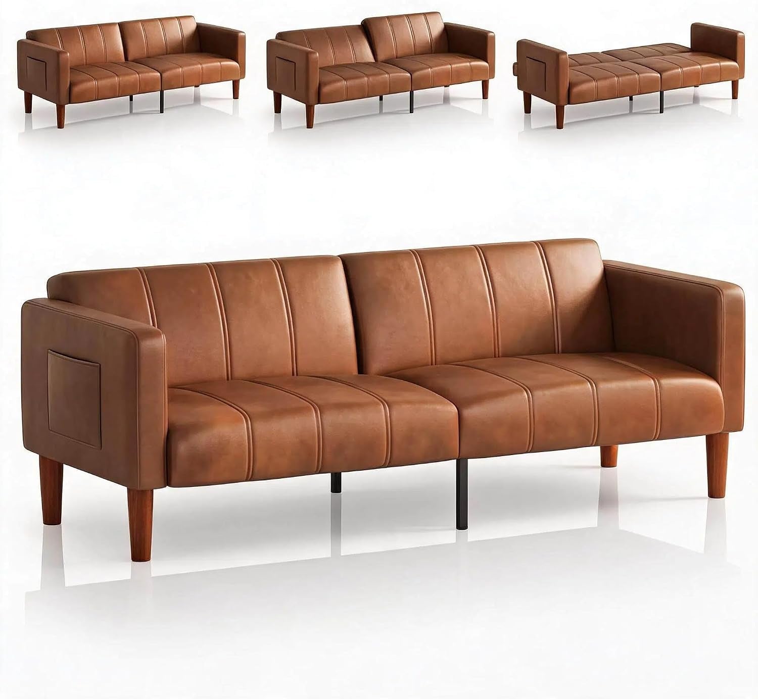 Brown PU faux leather futon shown in three positions with recline and full-flat bed insets on a white background