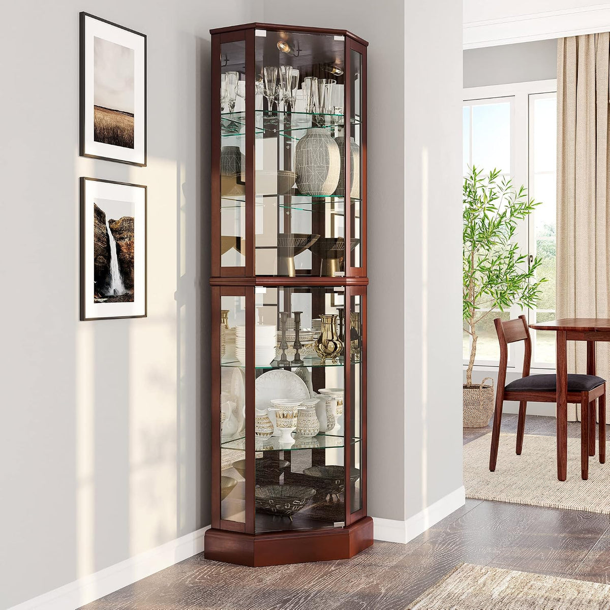 Tall wooden corner curio cabinet with glass doors and shelves displaying dishes and decorative vases in a dining nook.