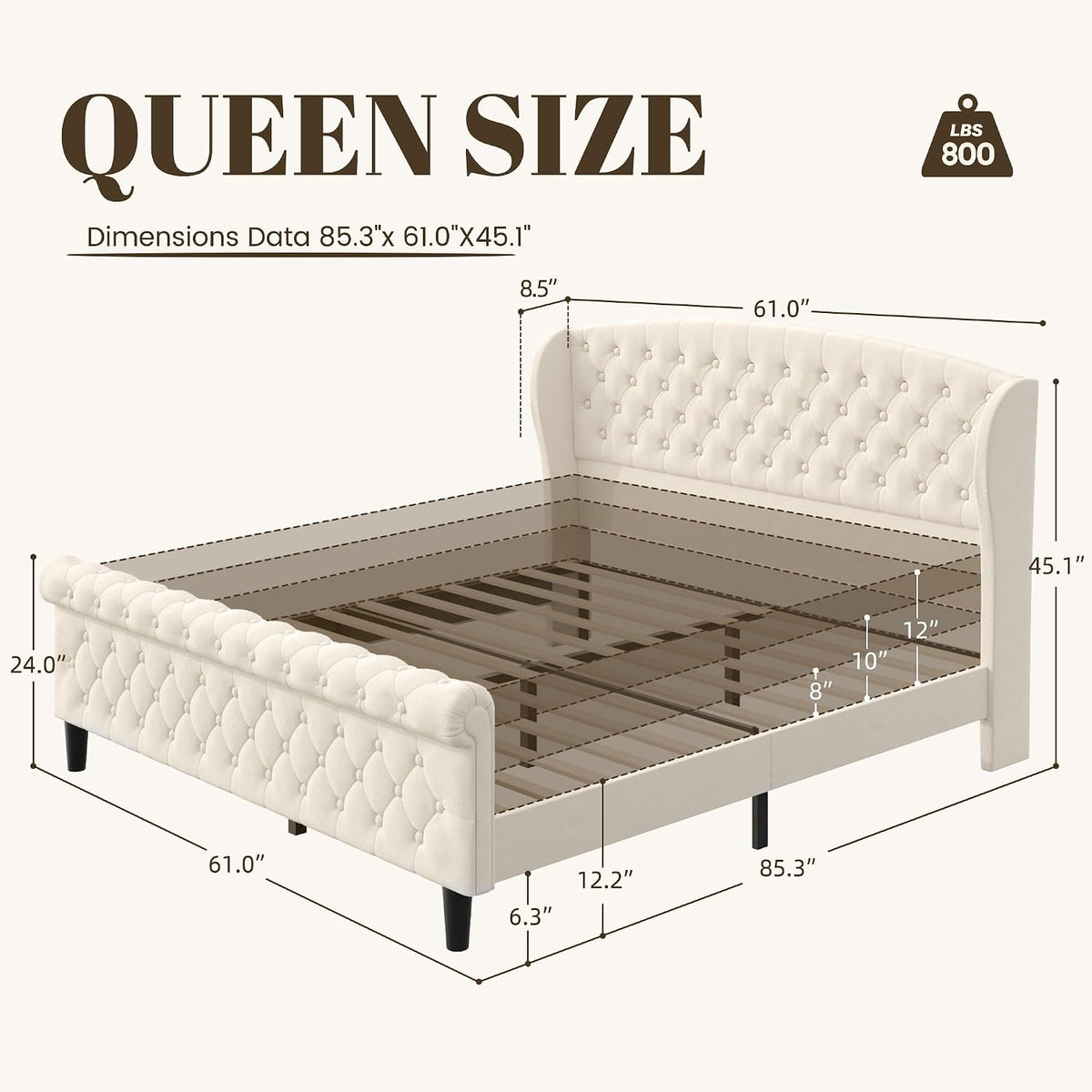 Technical diagram of the queen bed showing overall dimensions, slat layout and headboard height measurements