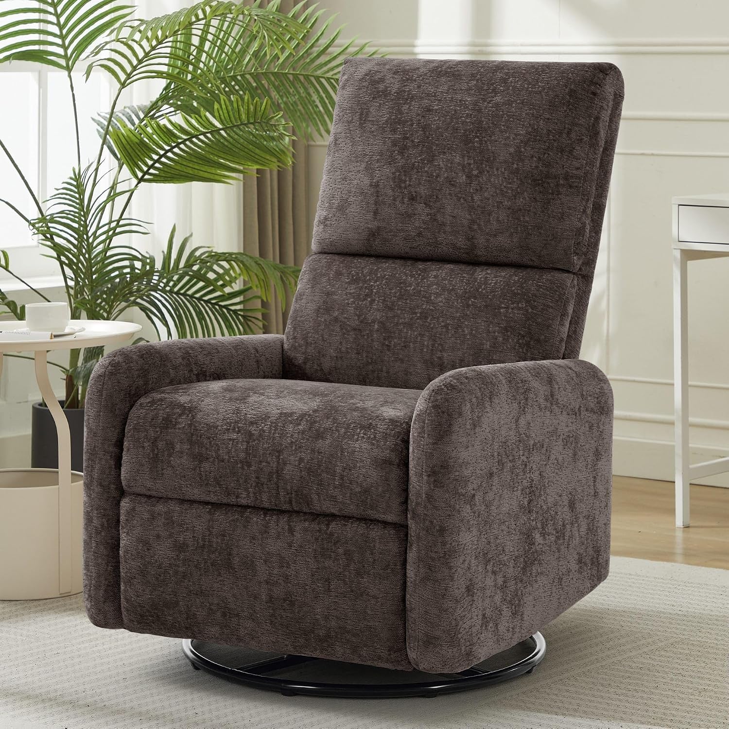 Dark gray textured glider recliner shown from the front three-quarter angle on a circular metal base.