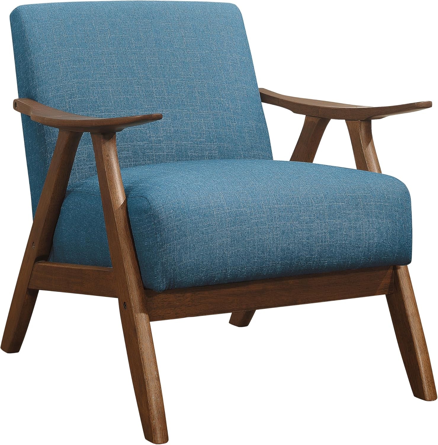 Blue linen-look upholstered accent chair with dark walnut arms and tapered legs.