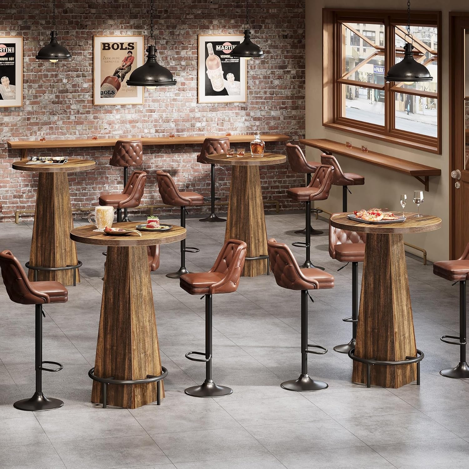 Restaurant-style scene showing several round high-top tables with matching stools across a tiled floor.